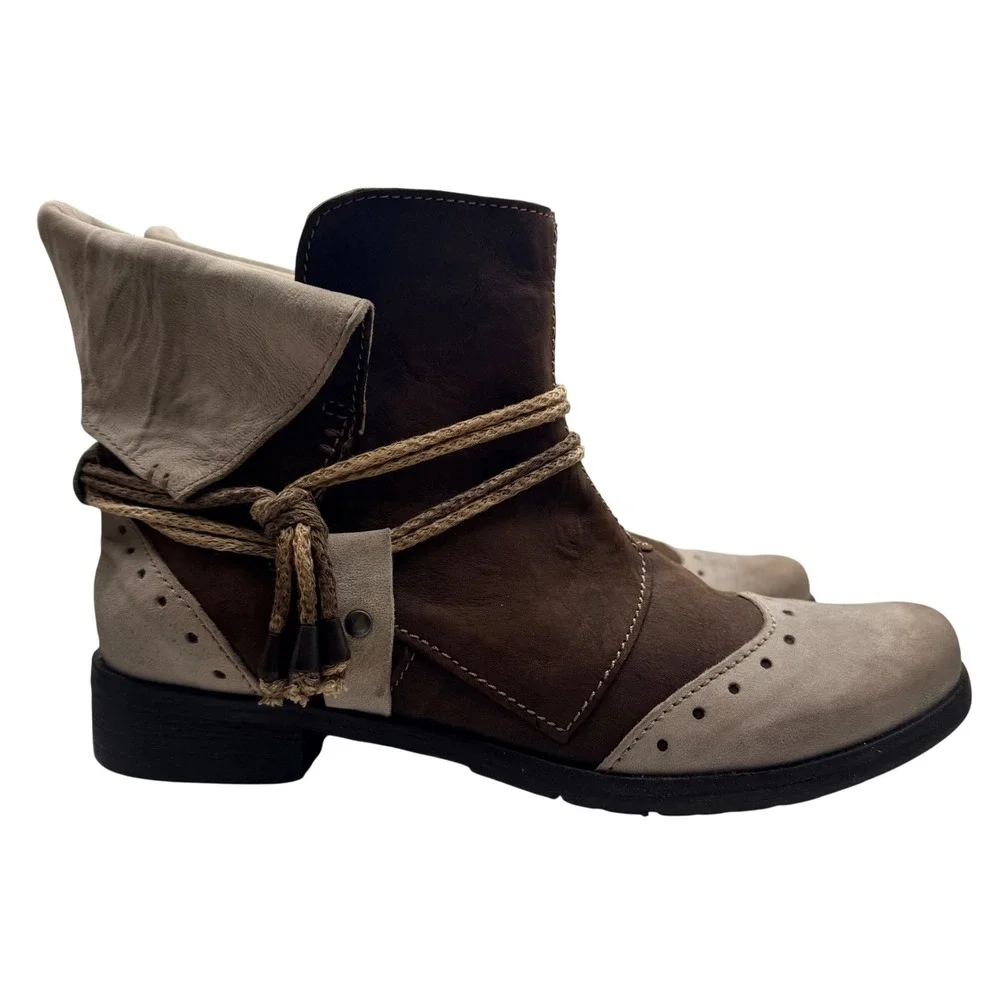 Clocharme Handmade Italy TwoTone Leather Wingtip Ankle‎ Boots Boho Rope Wrap 5.5
